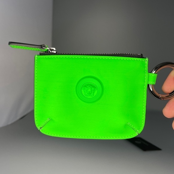 Versace Medusa Logo Neon Green Leather Keychain Pouch Wallet Unisex Bag Charm - Picture 7 of 9
